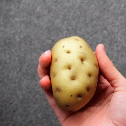 Prompt: a photo of potato holding a phone