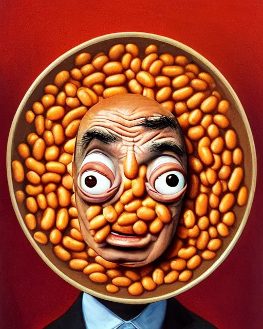 Image similar to portrait of mr bean's face in a bowl full of baked beans, face covered in beans and tomato sauce, beans in his eyes sockets, pile of beans on his head, baked beans instead of his eyes, mouth wide open and full of baked beans, overflowing with baked beans, rowan atkinson, muted colors, surrealist oil painting, highly detailed