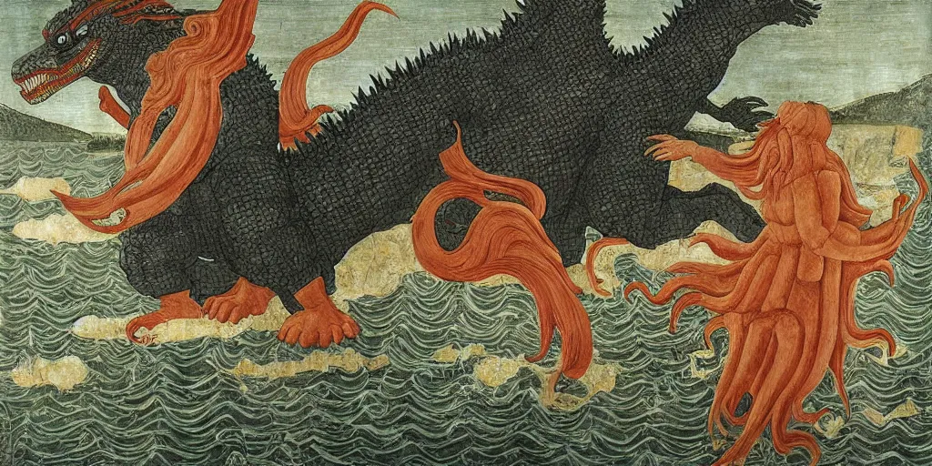 Prompt: godzilla by sandro botticelli, painting