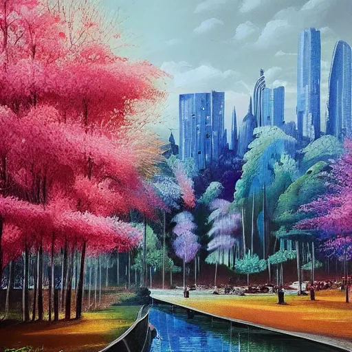 Prompt: Beautiful city of the future in harmony with nature. Nice colour scheme, soft natural colour. Beautiful detailed painting by Lurid. (2022)