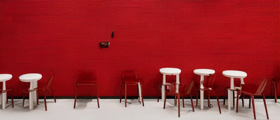 Image similar to a beautiful simple interior render of small roasted string hotpot restaurant restaurant yan'an, wall corner, from china, red paper wall and white tile floor, rectangle white porcelain table, black chair, fine simple delicate structure, chinese style, simple composition, simple style structure decoration design, victo ngai, 4 k hd