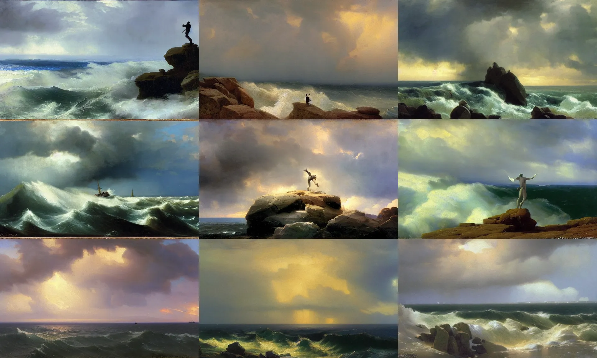 Prompt: stormy sky, cumulonimbus, man figure sttanding on the stones, realism, view from above on seascape, artwork by frederick judd waugh and Russ Kramer and christopher blossom and ivan aivazovsky