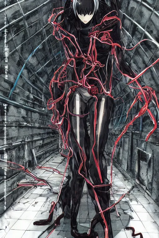 Image similar to beautiful coherent award-winning manga cover art of a mysterious lonely anime woman wearing a plugsuit and traversing an endless concrete hallway, painted by tsutomu nihei full color