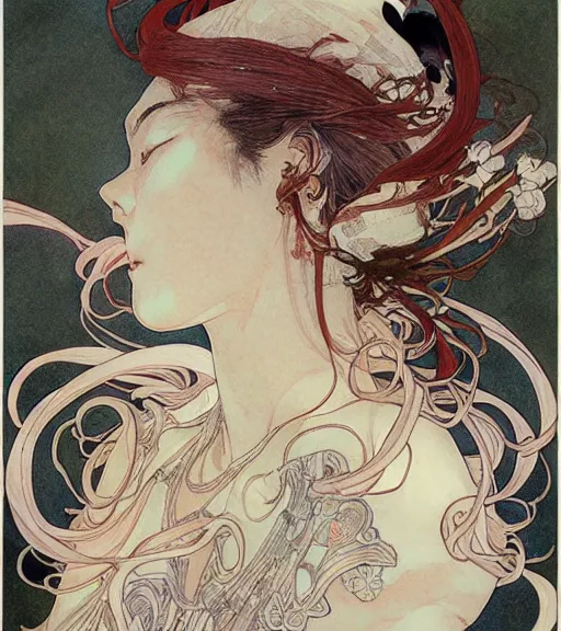 Image similar to yoshitaka amano anime painting, intricate line drawings, pen and ink, alphonse mucha, claire wendling, kentaro miura, ruan jia