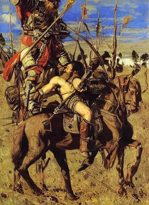 Image similar to warrior inspired a painting Heroes (Bogatyri) Viktor Vasnetsov