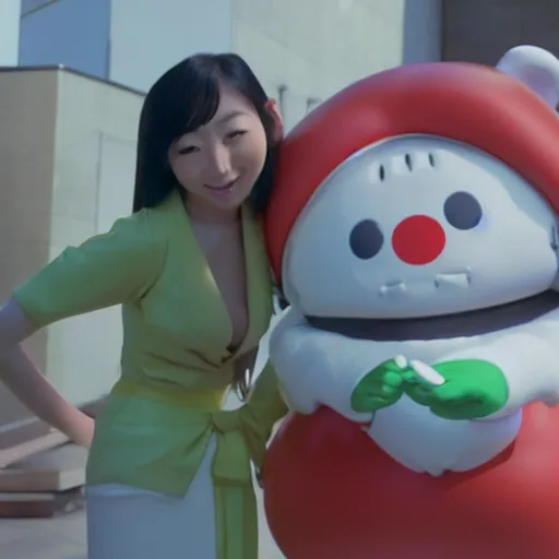 Prompt: 35mm photo of an absurd looking CGI 3d rendered Japanese Mascot flirting with a beautiful woman that is very embarrassed