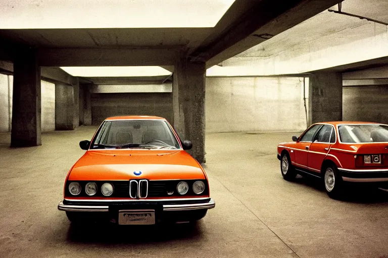 Image similar to BMW wagon estate with its lights on, inside of an badly lit 1970s parking garage, ektachrome photograph, volumetric lighting, f8 aperture, cinematic Eastman 5384 film