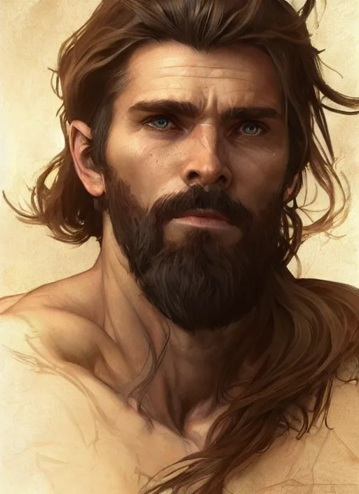 Image similar to portrait of a ruggedly handsome cleric, soft hair, muscular, half body, leather, hairy, d & d, fantasy, intricate, elegant, highly detailed, digital painting, artstation, concept art, smooth, sharp focus, illustration, art by artgerm and greg rutkowski and alphonse mucha