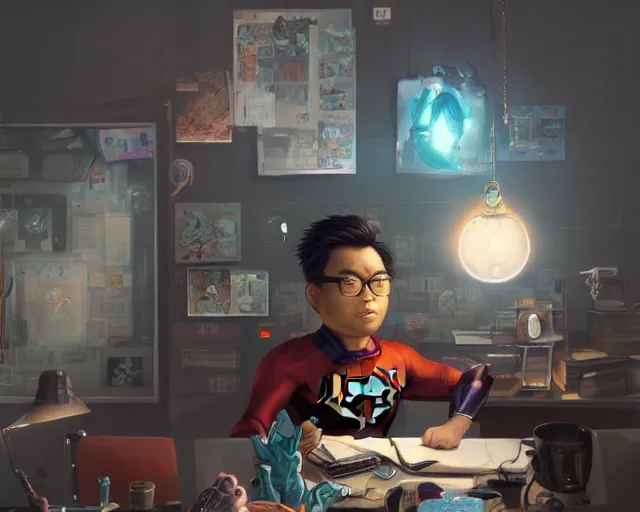 Image similar to an insanely detailed painting of a nerdy asian man wearing a superhero costume, sitting at a desk, staring at the nervously at the computer and typing, in the style of peter mohrbacher, dramatic lighting and composition, octane render, pixar, trending on artstation, concept art, comic book, view from behind