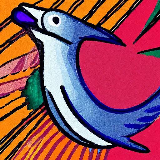 Prompt: illustration of dove in an ear canal, palette of primaries, bright colours, flat linework