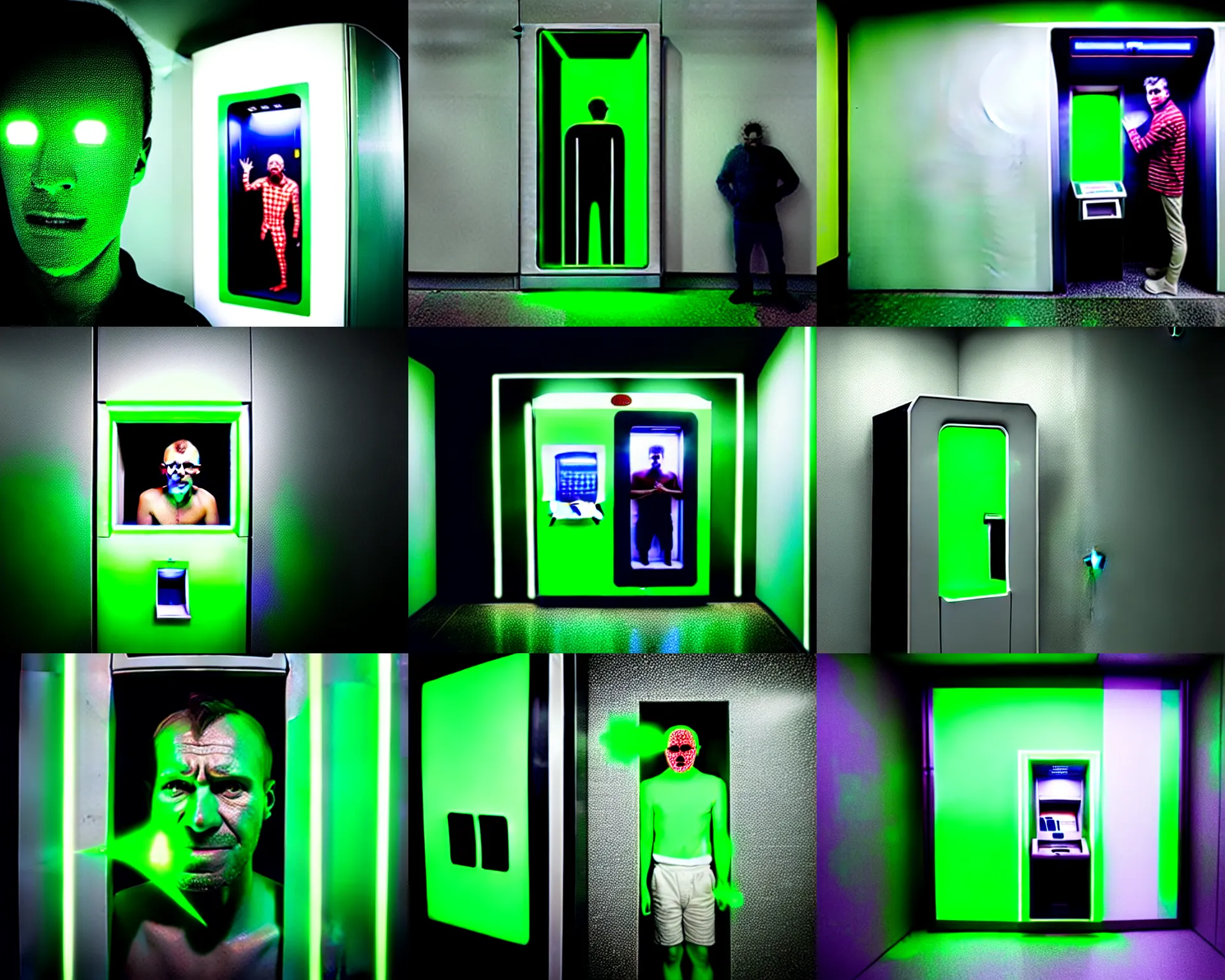 Prompt: photo of a man trapped inside of an atm machine that has many green laser beams coming out of it, located in a dark concrete room, wide angle view, the laser illuminate the face of the trapped person inside the atm machine, in the style of juergen teller