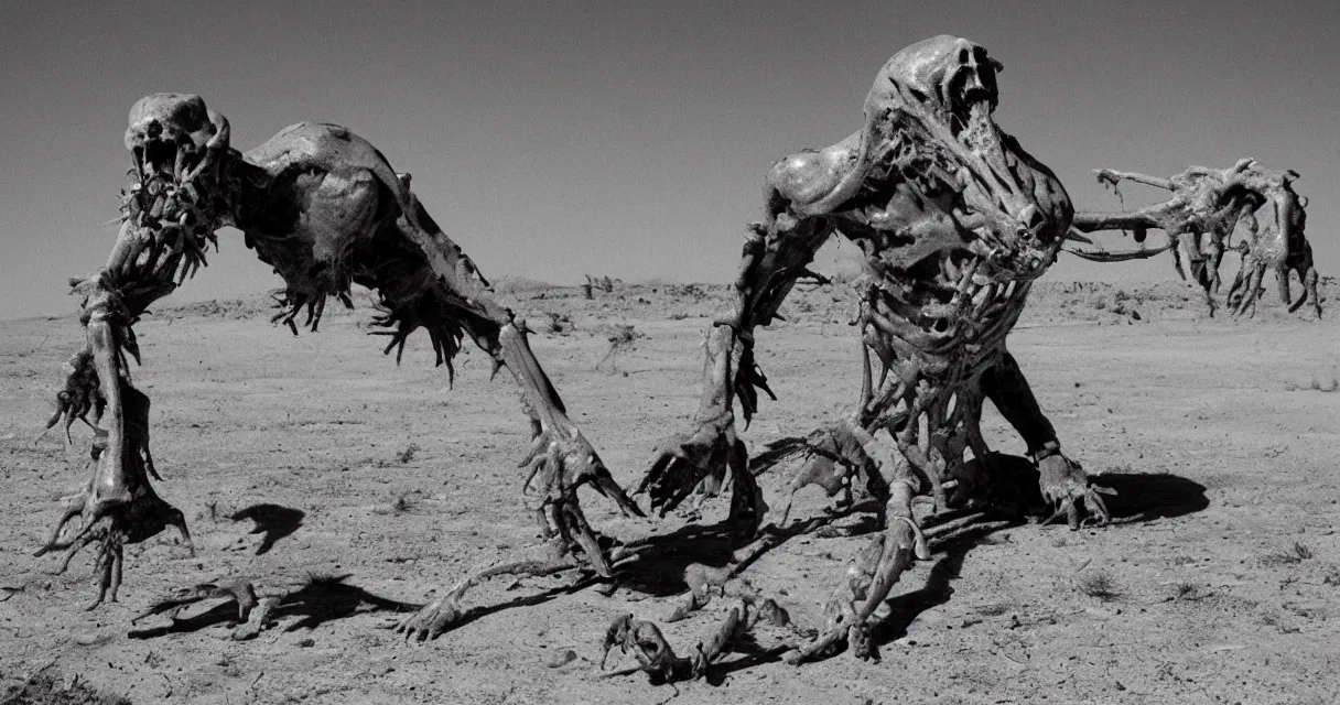 Image similar to in the desert a bloody gross horrifying The Thing creature made of muscle and bone and blood stares at the camera, eating, mid day, 35mm photography, realistic,