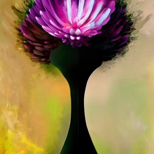 Prompt: huge flower as head, woman standing in a luxury apartment, surreal photography, dramatic light, impressionist painting, digital painting, artstation, georgia o'keeffe