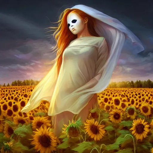 Prompt: Bedsheet Ghost in a field of sunflowers, sunset, highly detailed, digital painting, artstation, concept art, smooth, sharp focus, illustration, art by artgerm