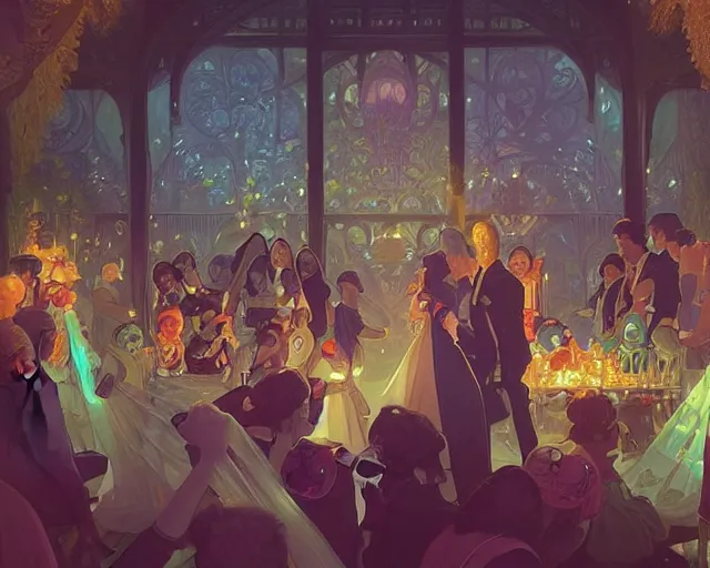 Image similar to a wedding in a swimming pool, photography of kurzgesagt, deep focus, d & d, fantasy, intricate, elegant, highly detailed, digital painting, artstation, concept art, matte, sharp focus, illustration, hearthstone, art by artgerm and greg rutkowski and alphonse mucha