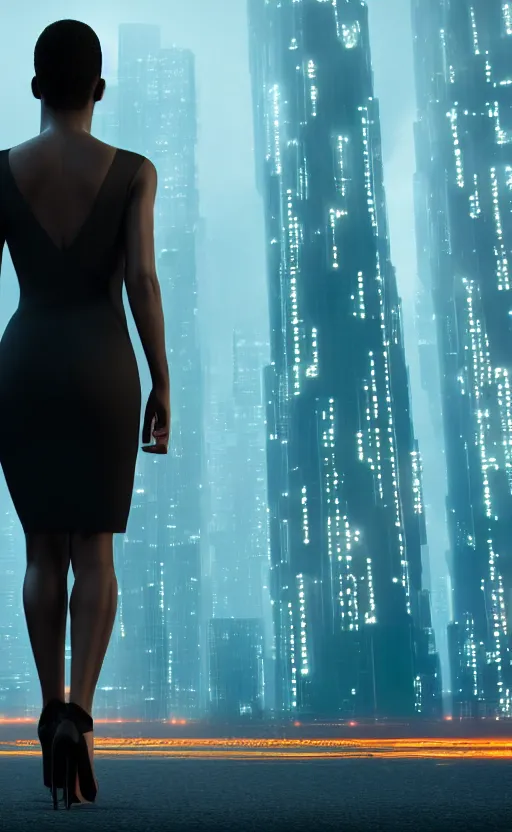 Image similar to an elegant Black woman in dress and heels, her back is to us, looking at a futuristic Blade Runner city, 8K