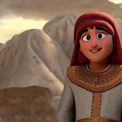 Prompt: 17 year old middle eastern skinned boy with reddish complexion in Biblical clothing as seen in Disney Pixar's Up (2009)