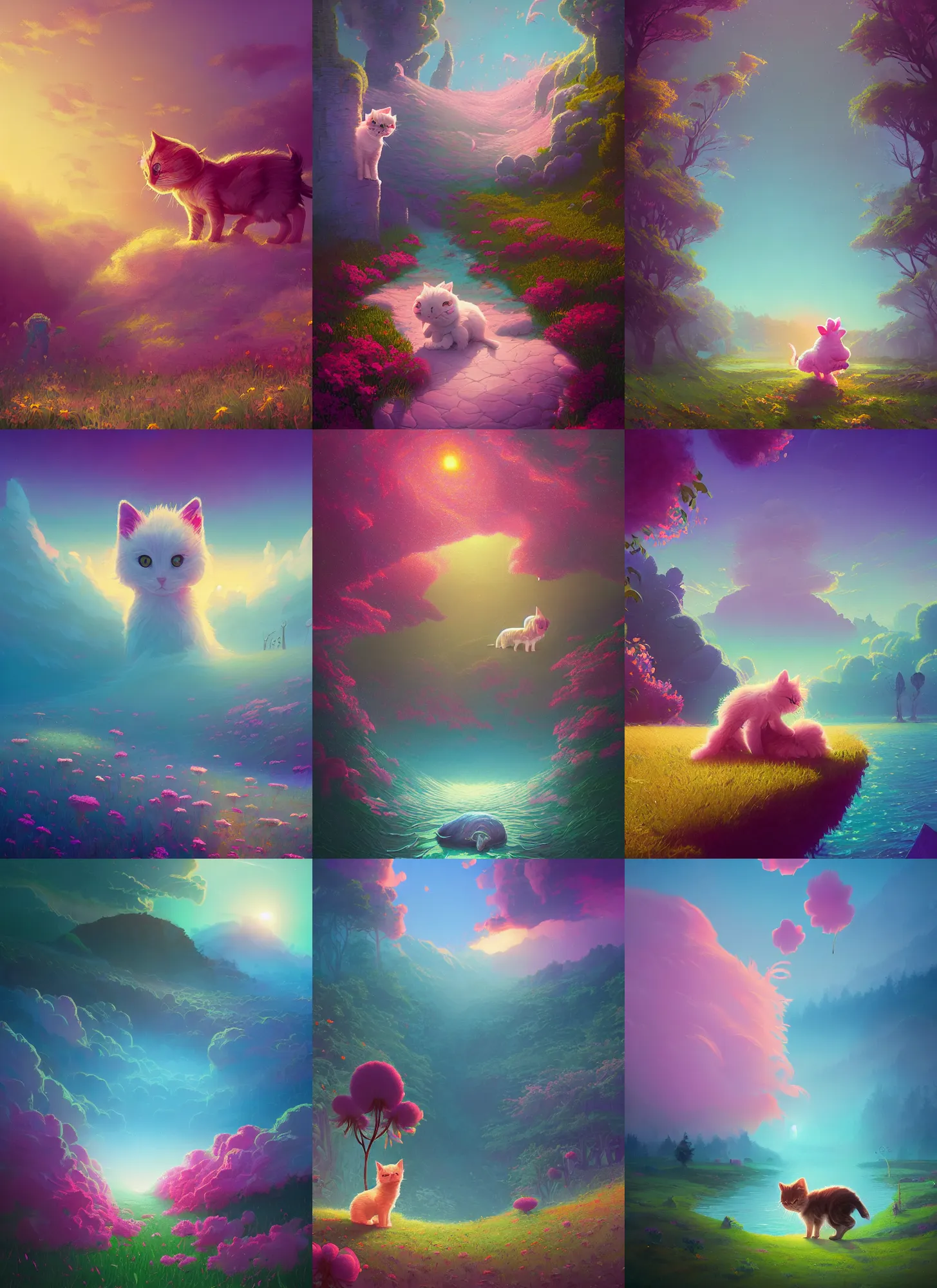 Prompt: the daisy kitty waits, cotton candy, Alena Aenami, Petros Afshar, Noah Bradley, Anton Fadeev, Anato Finnstark, Steve Henderson, Filip Hodas, Mark Keathley, Thomas Kinkade, Phil Koch, Gilbert Williams, Mike Winkelmann, Beeple