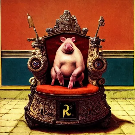 Prompt: a hyper realistic royal pig sits in his throne as a jester begs for his life moments before his demise, highly detailed, by zdzisław beksinski and norman rockwell and greg rutkowskiweta studio, and lucasfilm