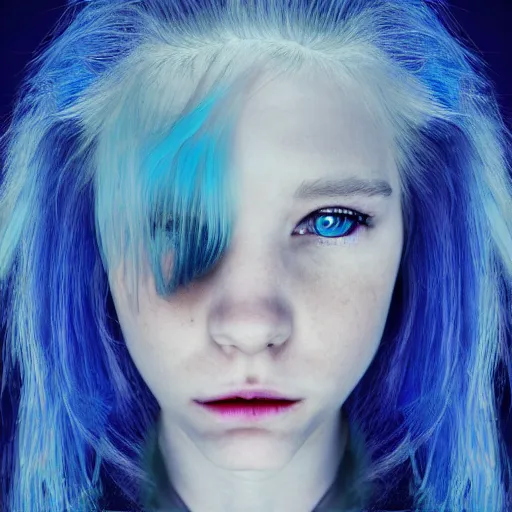 Prompt: portrait of young girl half dragon half human, dragon girl, dragon skin, dragon eyes, dragon crown, blue hair, long hair, By David Lynch
