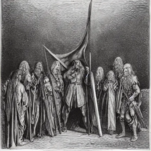 Prompt: the fellowship of the ring, by gustave dore and albrecht durer