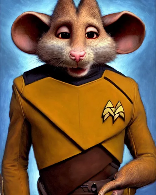 Image similar to painting of anthromorphic male rat in starfleet uniform, star trek, zootopia, fursona, furaffinity, 4 k, deviantart, furry art, very expressive detailed face, gaston bussiere, craig mullins, jc leyendecker, gustav klimt, artgerm, greg rutkowski, alphonse mucha