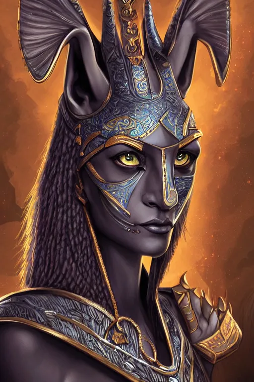 Image similar to a portrait of a anthropomorphic an ancient anubis goddess, D&D, fantasy, intricate, highly detailed, digital painting, artstation, concept art, smooth, sharp focus, illustration, art by artgerm