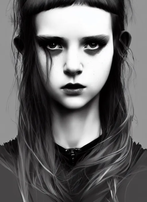 Image similar to portrait of white teenage girl, normal face, black bangs, mall goth, cyberlox, black and white hair, bangs, fluffy bangs, intricate, elegant, highly detailed, digital painting, artstation, concept art, sharp focus, smooth, illustration, art by wlop, mars ravelo and greg rutkowski