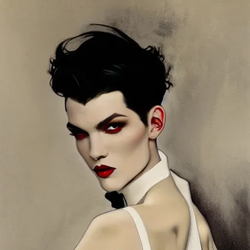 Image similar to beautiful portrait of androgynous ruby rose as desire from sandman in a white tuxedo!!!, rockabilly style,, by alphonse mucha, by jeremy mann, by peter lindbergh, cedric peyravernay, by frank moth, white suit and black tie, soft lightning, high detailed, 8 k