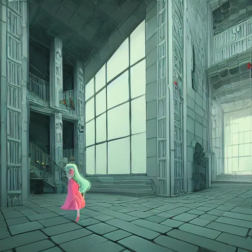 Prompt: a slimegirl in a bright white hallway with many doors and many stairs, Mc Escher architecture, epic composition, by Makoto Shinkai