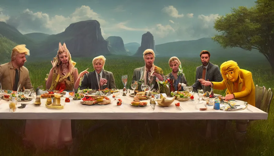 Prompt: a table dinner of donald trumps where he is dressed like the characters from the midsommar movie, human has robot face, realistic detailed digital art by maxwell boas jessica rossier christian dimitrov anton fadeev trending on artstation cgsociety rendered in unreal engine 4 k hq