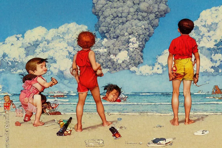 Image similar to kids playing at the beach, huge atomlc explosion in the background, wide angle shot, by norman rockwell, by mattias adolfsson,, oil on canvas by moebius and satoshi kon, hd, 4 k, high quality,