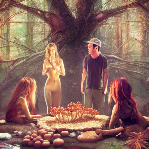 Image similar to mushroom goddess with group of elders, discussing the new season of friends, cynical realism, hiroya oku painterly, yoshitaka amano, chris cunningham, renderfruit, beautiful lighting, tendrils, in the style of, wlop, scientific diagram