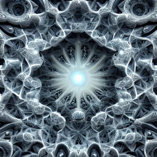 Prompt: a beautiful octane render of a massive sprawling fractal cathedral exterior populated by mandelbrot fractals, unreal engine, carved ivory, white, volumetric lighting, hyperrealistic, sharp, glowing, carved marble, opalescent, carved soap, depth of field, sacred geometry, religious, angelic, catholicpunk, photorealism, 8 k, ultra detailed