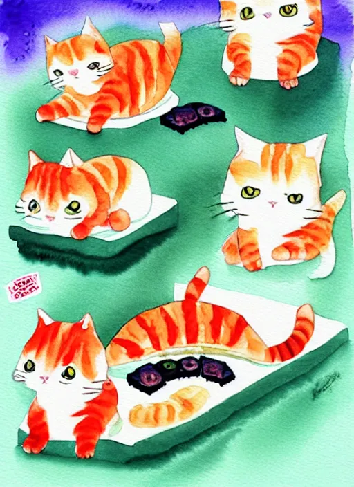 Image similar to cute cats and sushi watercolour