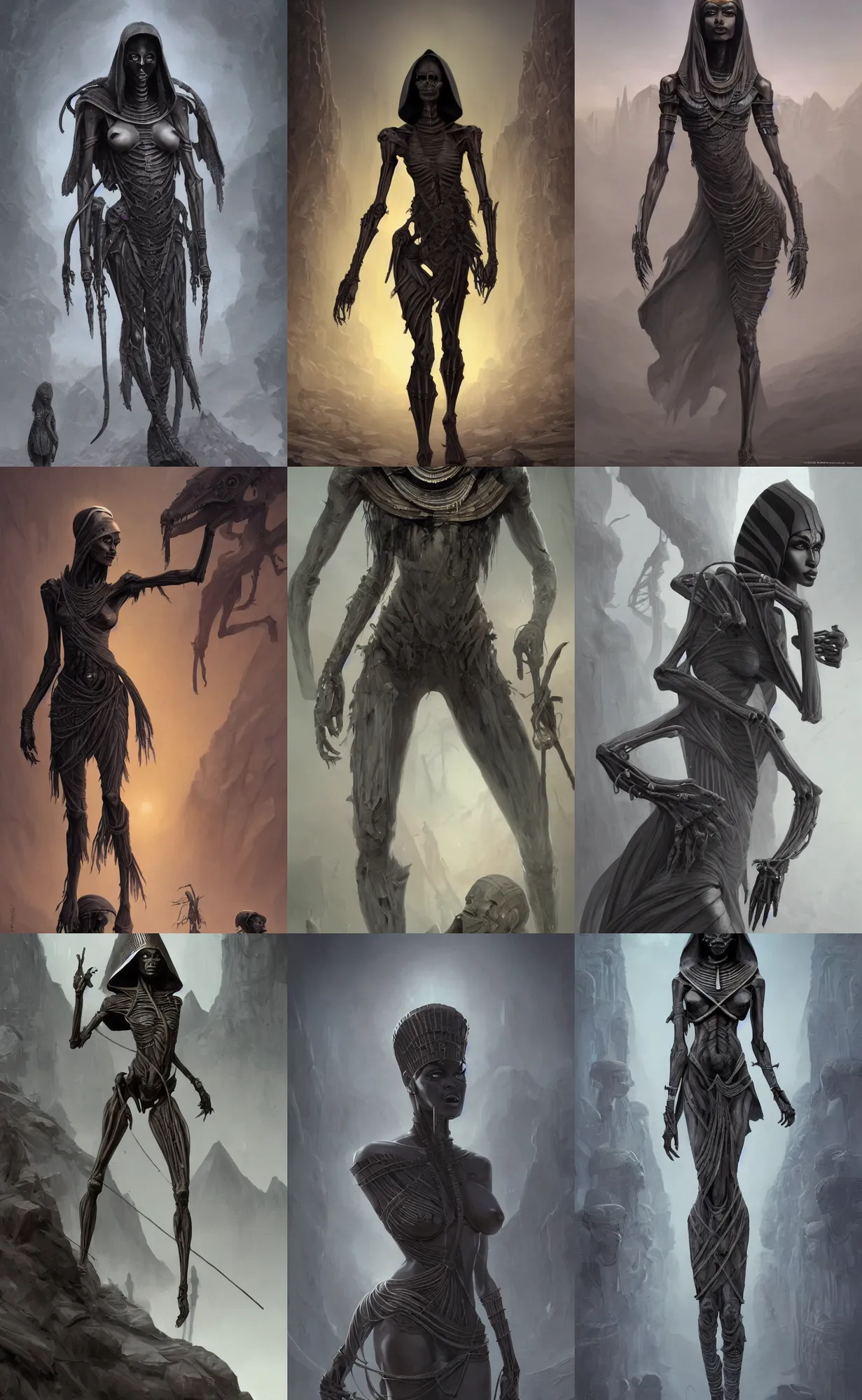 Prompt: dark grey skin, thin skeleton, egyptian mummy queen, full body shot, black cold fog background, highly detailed, digital painting, artstation, concept art, sharp focus, illustration, orientalism, art by aleksi briclot and mohrbacher and raphael lacoste and magali villeneuve