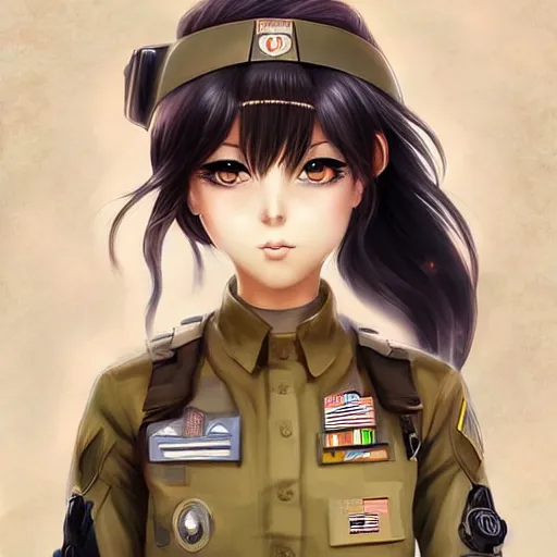 Image similar to anime girl in a united states army special forces uniform, cute face, digital art, portrait, anna dittmann