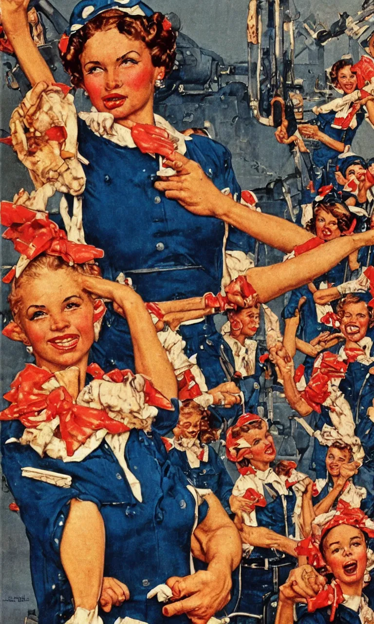 Prompt: ” a photo of a alicia wikander in style of of norman rockwell painting rosie the riveter ”