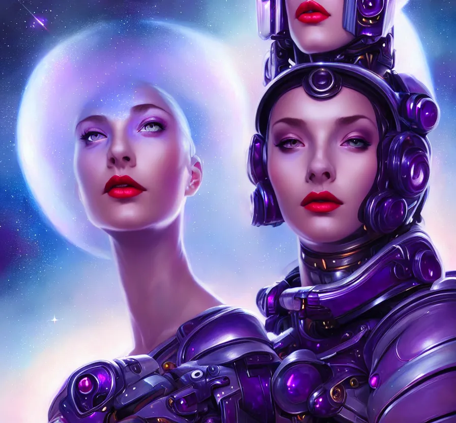 Prompt: beautiful cyber female with purple mechanic eyes and red lips, face, sci - fi, metal skinn, constellation geometry space mandal background, breathtaking stars, elegant, highly detailed, digital painting, artstation, concept art, smooth, sharp focus, spiritual art, art by artgerm and greg rutkowski and alphonse mucha, psychedelic, illustration, painting oil,