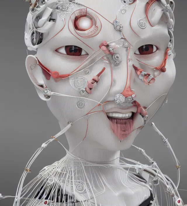 Image similar to portrait of a beautiful japanese robotic geisha with wires and actuators, porcelain white face, dramatic lighting, hyper - realistic, ultra - realistic, intricate details, japanese model, 8 k ultra high definition, octane render