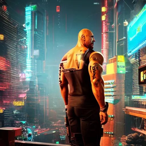 Image similar to dwayne johnson with robotic eye, cyberpunk 2 0 7 7, photorealistic, ultra detailed, neon, octane, bokeh, cinematic lighting, cyber, cyberpunk city, studio quality, feature, scars, cyberface, 8 k