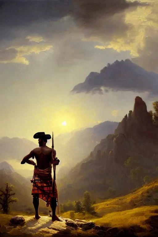 Prompt: a dramatic epic beautiful painting of a handsome shirtless desi cowboy in the mountains | he is wearing a scottish plaid kilt and cowboy hat, and holding an intricately carved staff | background is mountains! and clouds | homoerotic, golden hour | by clyde aspevig and albert bierstadt and caspar david friedrich | trending on artstation