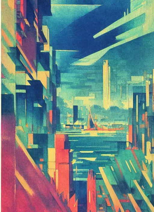 Prompt: vintage anime cinematic lush underwater glowing city skyline on the edge of a steep cliff by Sonia Delaunay and Ivan Aivazovsky, muted tones, watercolor concept art by Syd Mead, by william herbert dunton, watercolor strokes, japanese woodblock, by Jean Giraud