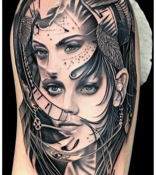 Prompt: tattoo design of a hyper realistic beautiful girl warrior, hyper detailed, inspired by eliot kohek, on white background