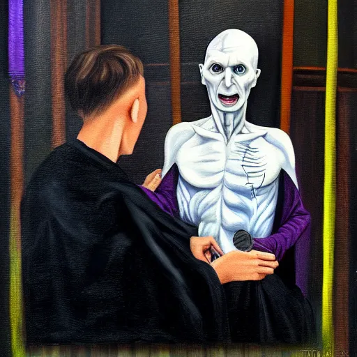 Image similar to voldemort getting a haircut oil painting