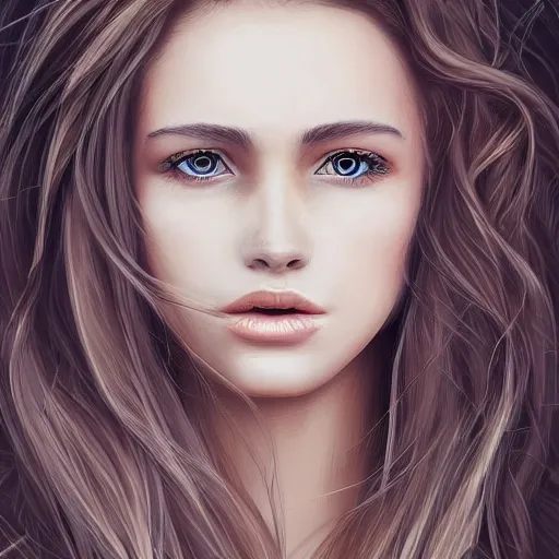Prompt: A portrait of an attractive young female with beautiful long hair, wind blowing and hair flowing , intricate, highly detailed, elegant, digital painting, trending on artstation