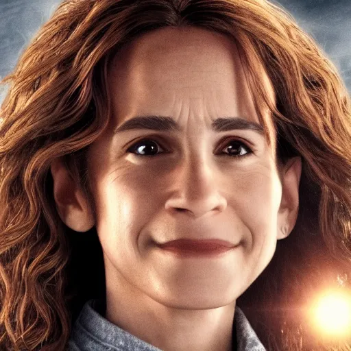 Image similar to photo of hermione granger in her 4 0 s, smiling, realistic, perfect eyes, symmetrical, full body shot, wide angle, sharp focus, 8 k high definition, insanely detailed, intricate, elegant