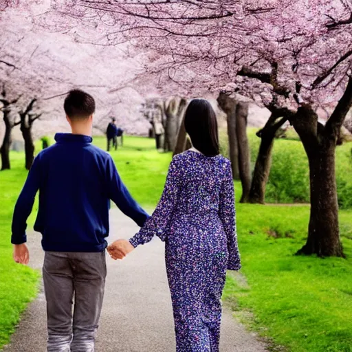 Image similar to a young man and young lady walking hand in hand with their backs turned away from the camera lens, surrounded by cherry blossom trees