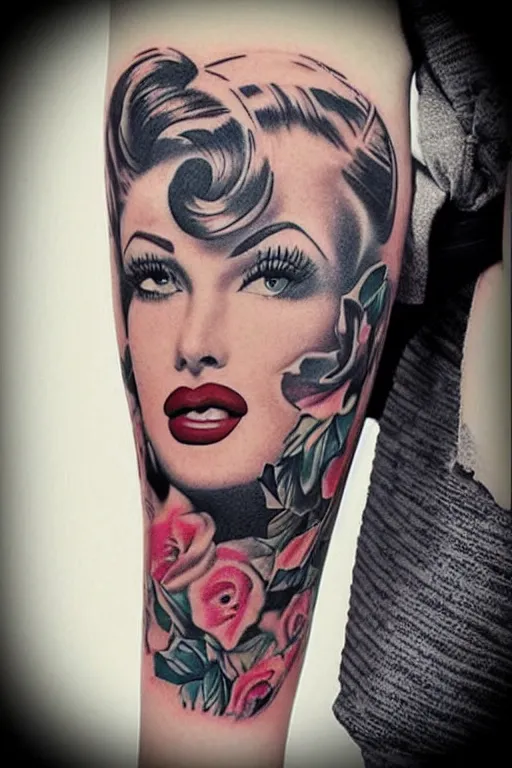 Prompt: pinup girl tattoo by “Pony Wave”