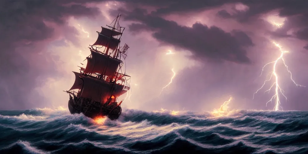 Prompt: Lightning striking a pirate vessel as it sails on wild ocean waters during a thunderstorm, crashing waves, cozy wallpaper, 4k, high details, volumetric dynamic lighting, blur, trending on Artstation, award-winning, art by Chris Moore, by Greg Rutkowski